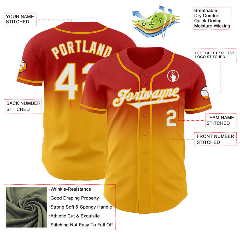 Custom Red White-Gold Authentic Fade Fashion Baseball Jersey - Sky-Custom