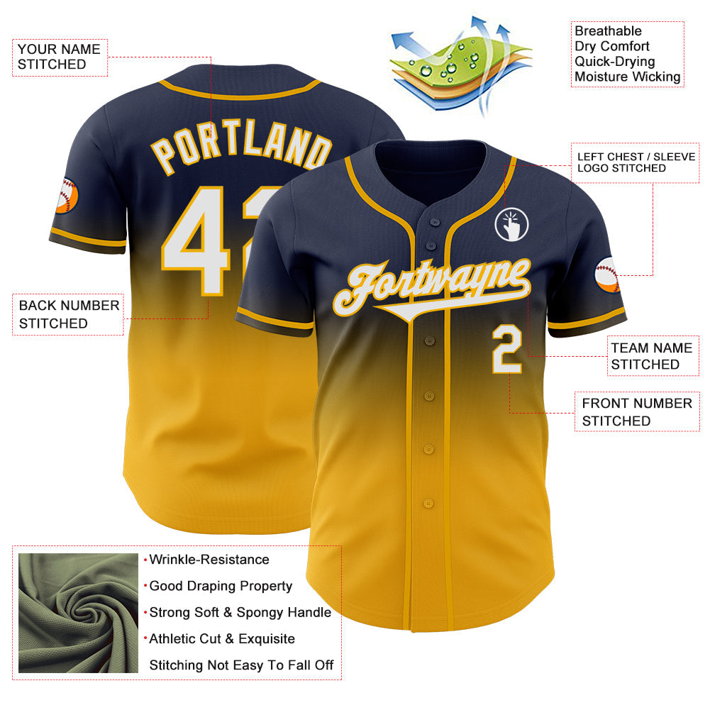 Custom Navy White-Gold Authentic Fade Fashion Baseball Jersey - Sky-Custom