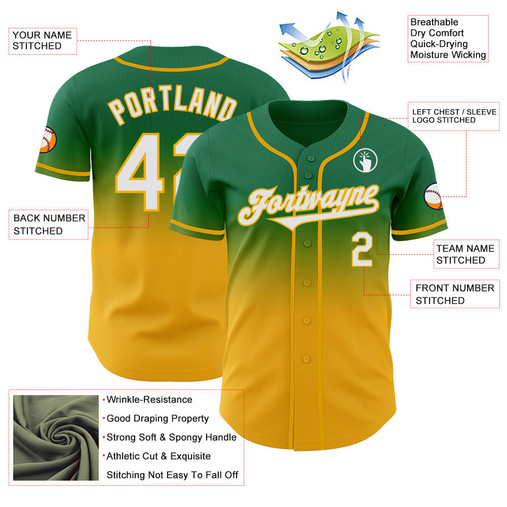 Custom Kelly Green White-Gold Authentic Fade Fashion Baseball Jersey - Sky-Custom