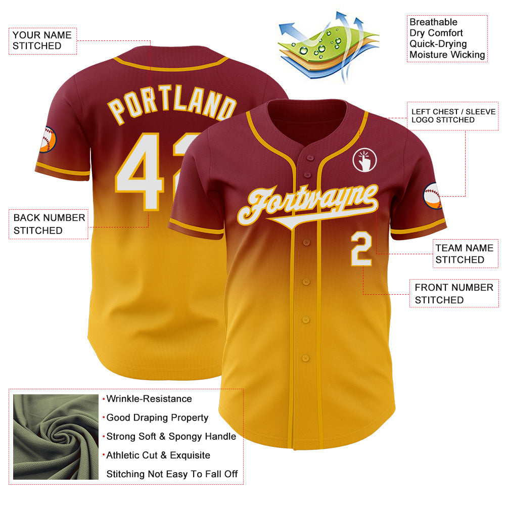 Custom Crimson White-Gold Authentic Fade Fashion Baseball Jersey - Sky-Custom