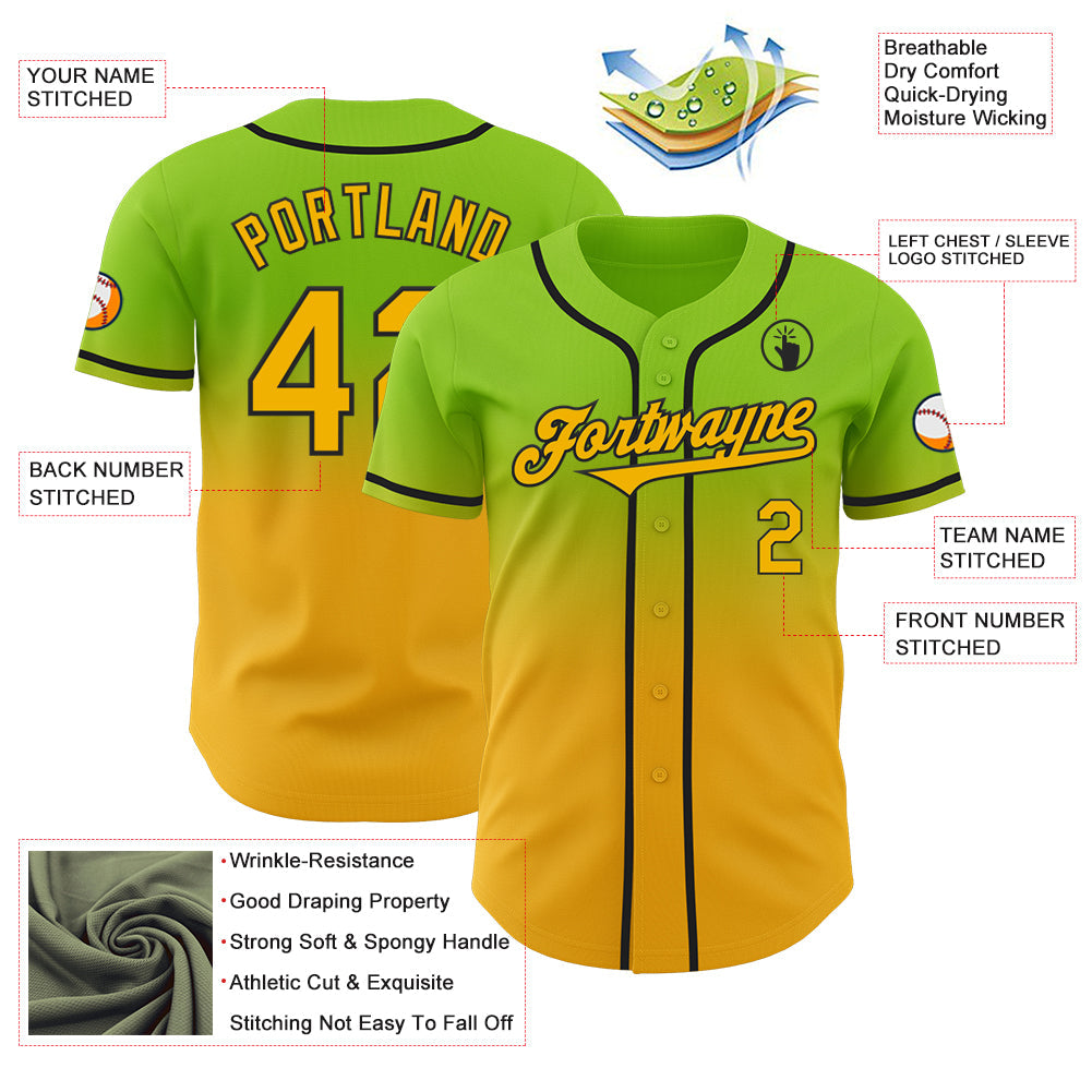 Custom Neon Green Gold-Black Authentic Fade Fashion Baseball Jersey - Sky-Custom