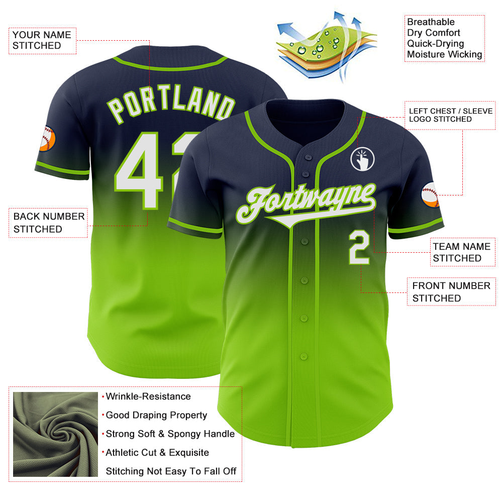 Custom Navy White-Neon Green Authentic Fade Fashion Baseball Jersey - Sky-Custom