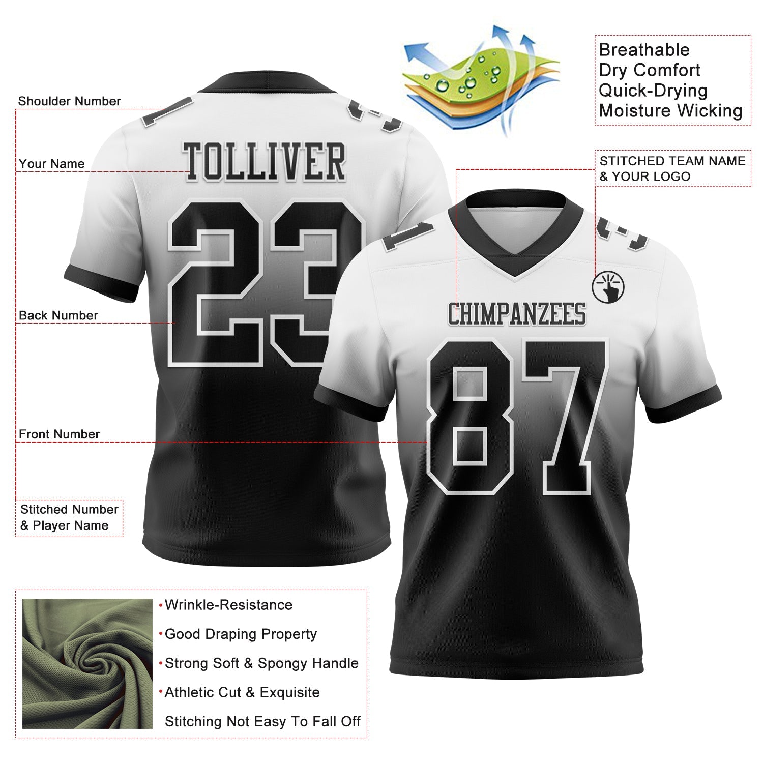 Custom White Black Mesh Authentic Fade Fashion Football Jersey - Sky-Custom
