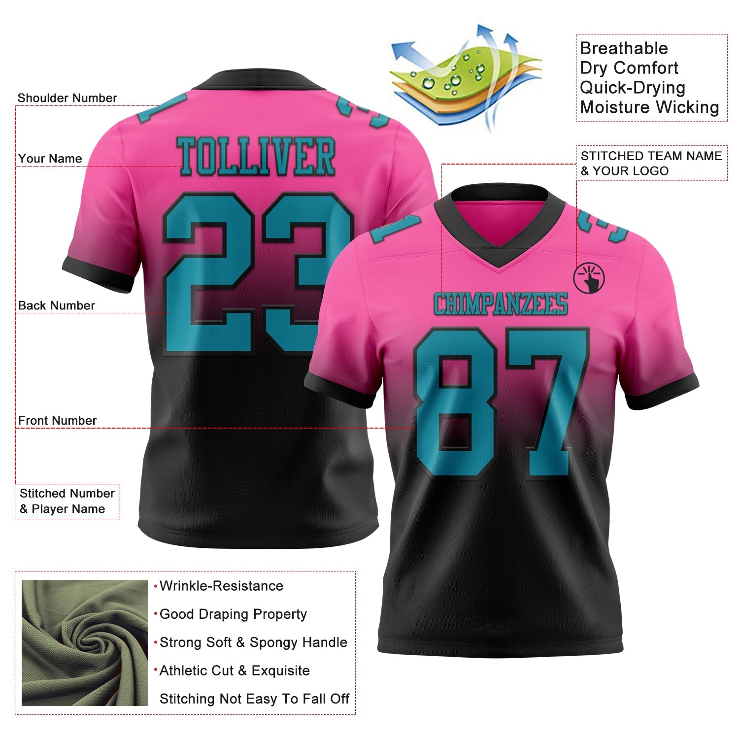 Custom Pink Teal-Black Mesh Authentic Fade Fashion Football Jersey - Sky-Custom