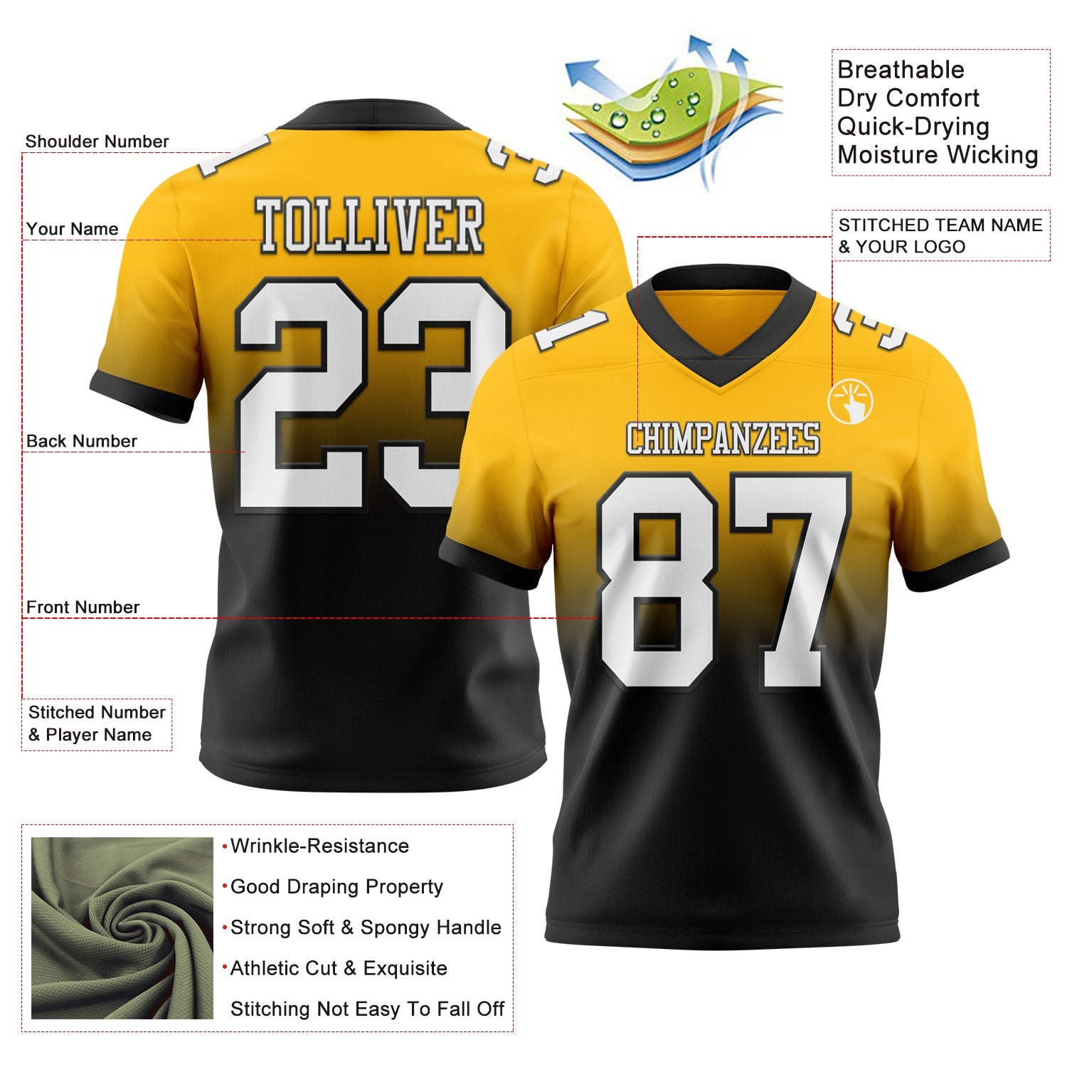 Custom Gold White-Black Mesh Authentic Fade Fashion Football Jersey - Sky-Custom