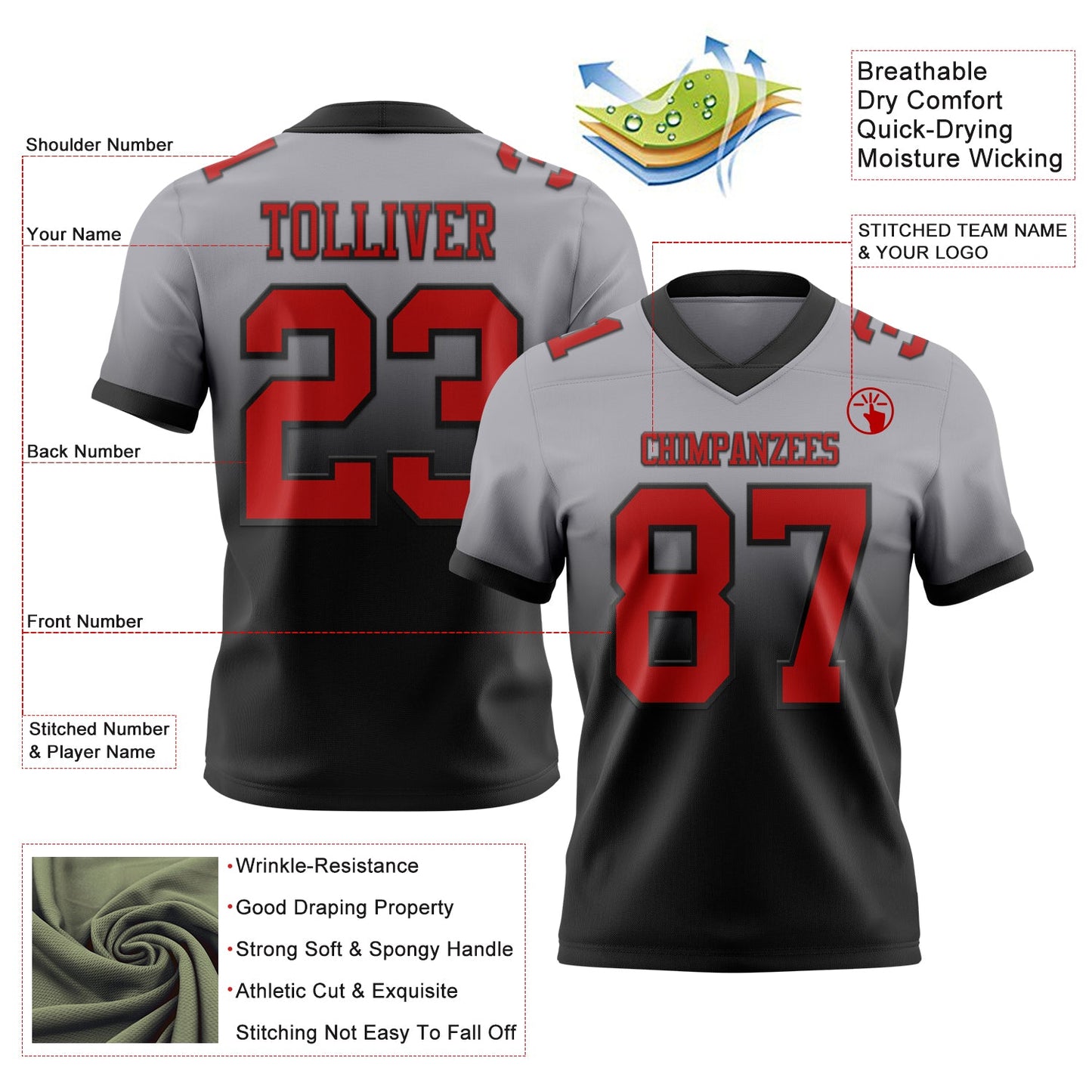 Custom Gray Red-Black Mesh Authentic Fade Fashion Football Jersey - Sky-Custom
