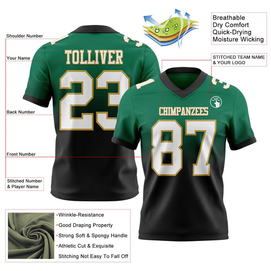 Custom Kelly Green White Black-Old Gold Mesh Authentic Fade Fashion Football Jersey - Sky-Custom