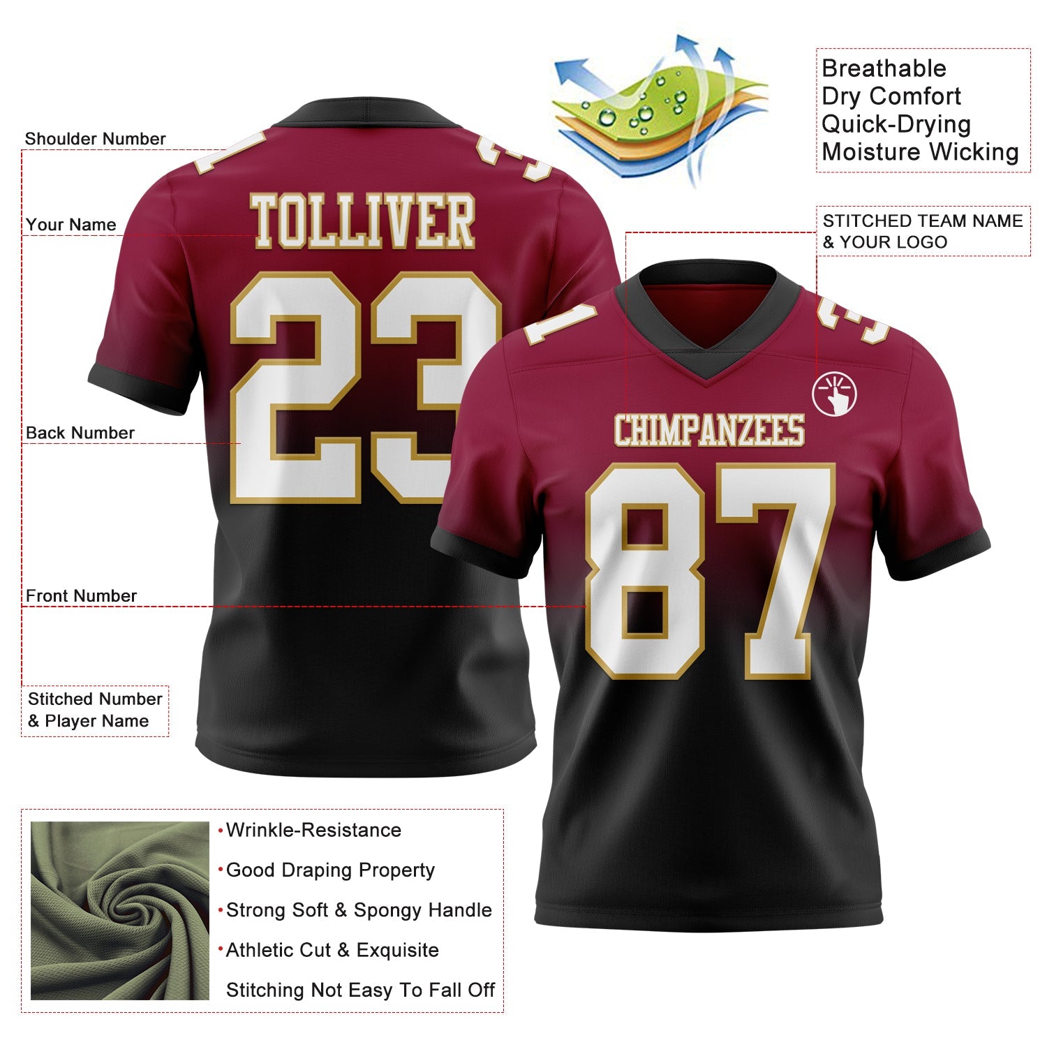 Custom Maroon White Black-Old Gold Mesh Authentic Fade Fashion Football Jersey - Sky-Custom