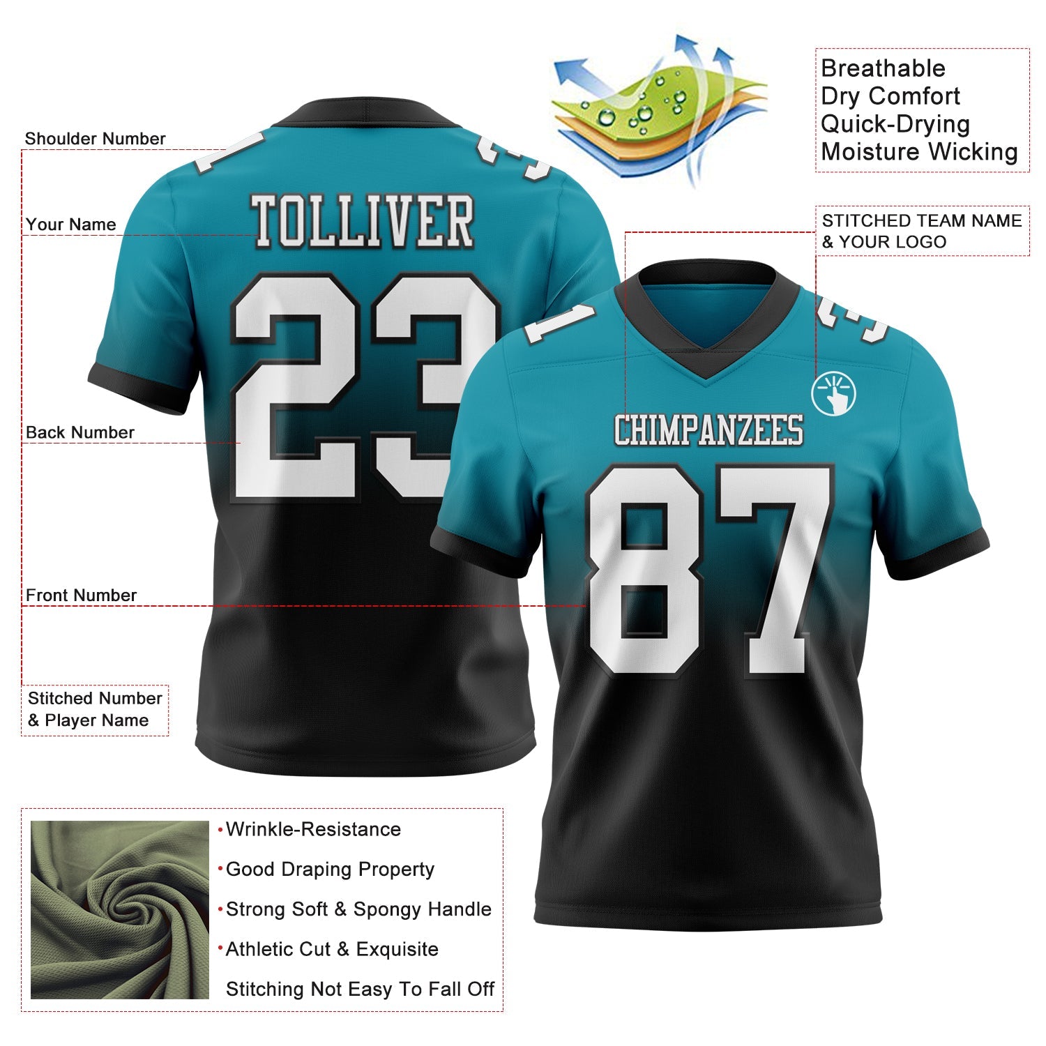Custom Teal White-Black Mesh Authentic Fade Fashion Football Jersey - Sky-Custom