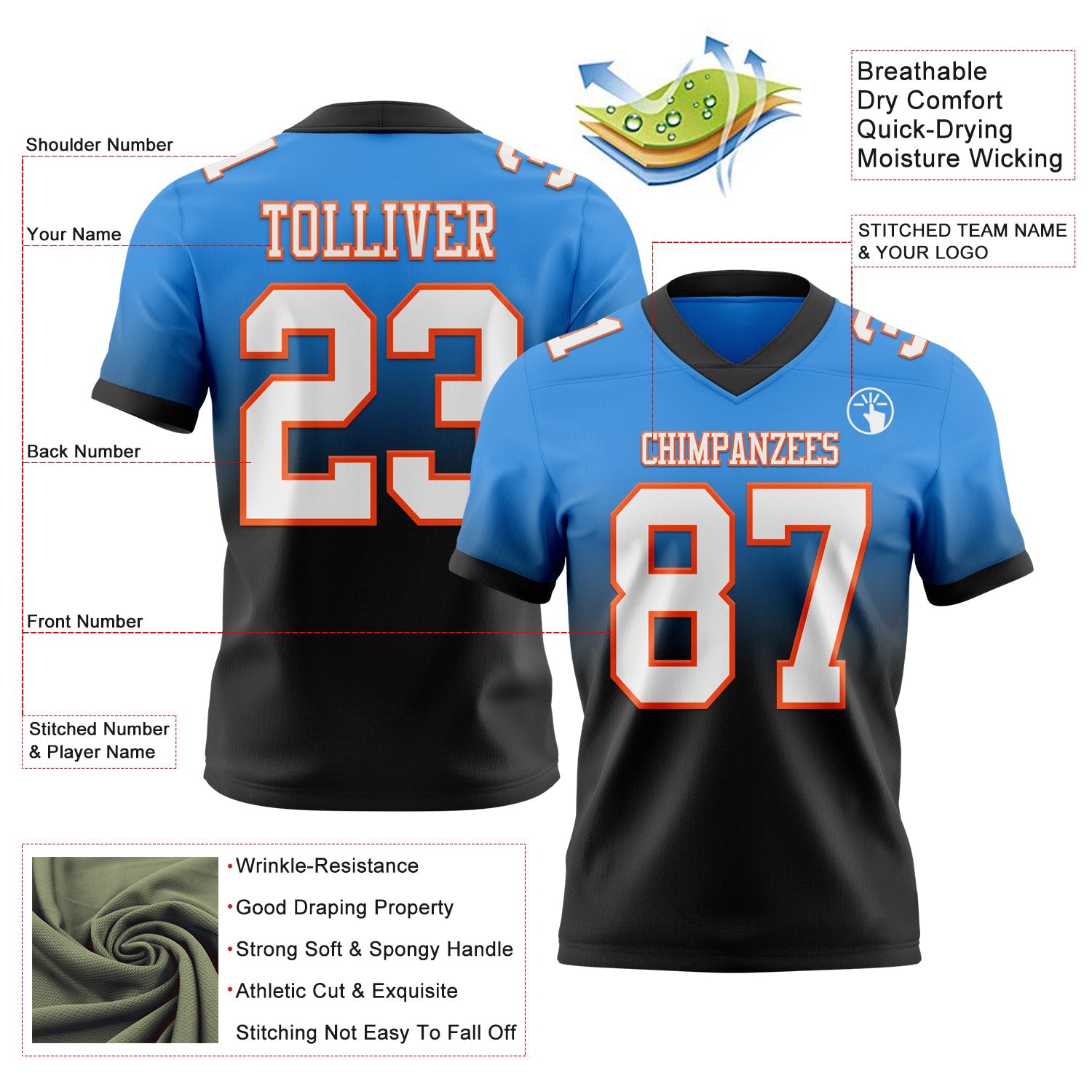 Custom Powder Blue White Black-Orange Mesh Authentic Fade Fashion Football Jersey - Sky-Custom