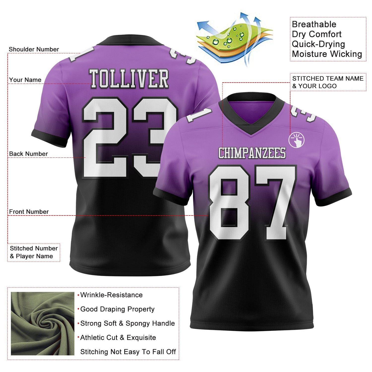 Custom Medium Purple White-Black Mesh Authentic Fade Fashion Football Jersey - Sky-Custom