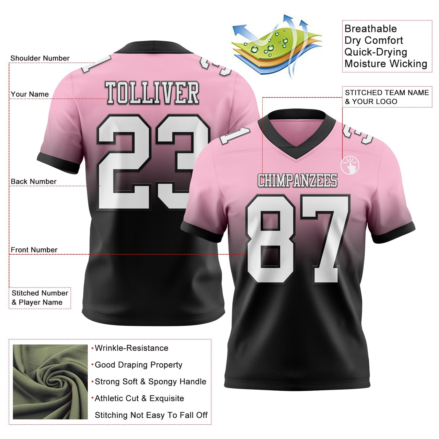 Custom Light Pink White-Black Mesh Authentic Fade Fashion Football Jersey - Sky-Custom