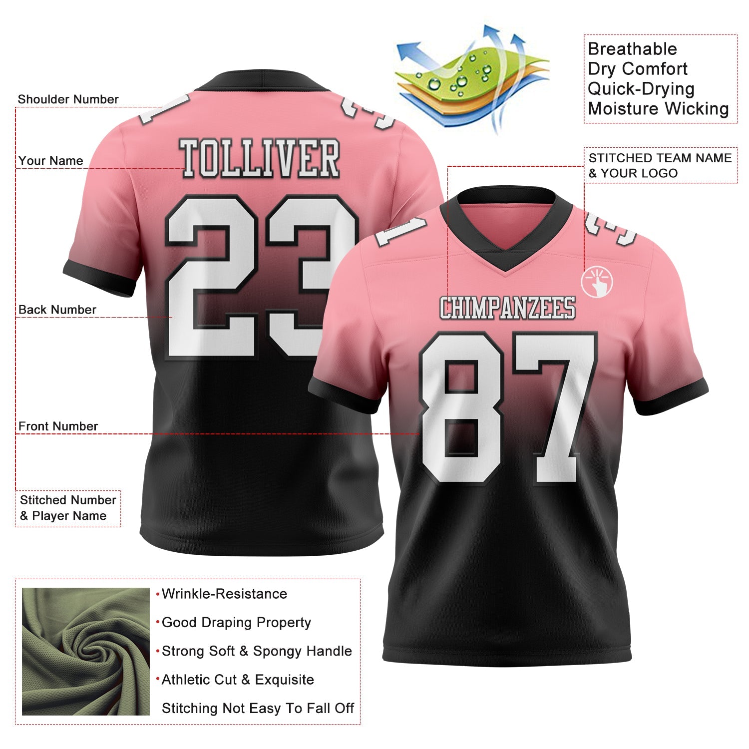 Custom Medium Pink White-Black Mesh Authentic Fade Fashion Football Jersey - Sky-Custom