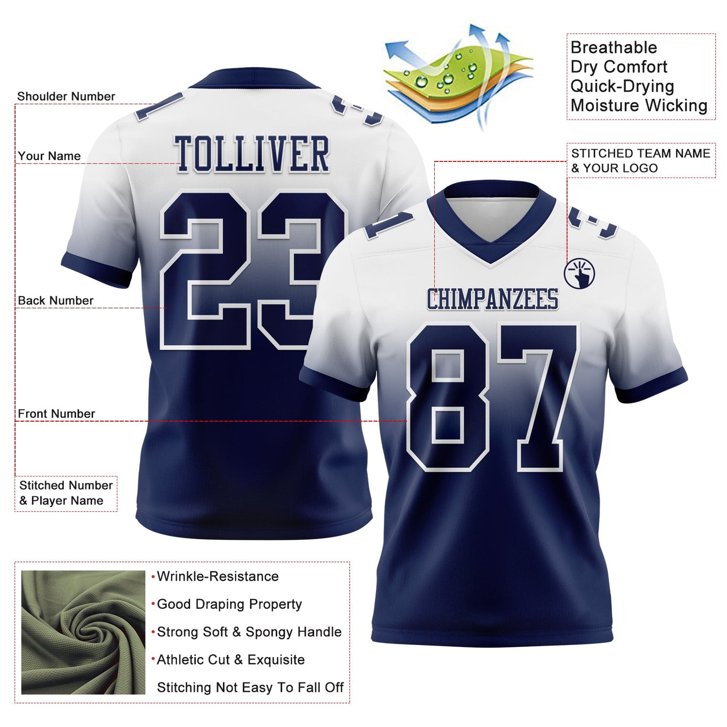 Custom White Navy Mesh Authentic Fade Fashion Football Jersey - Sky-Custom