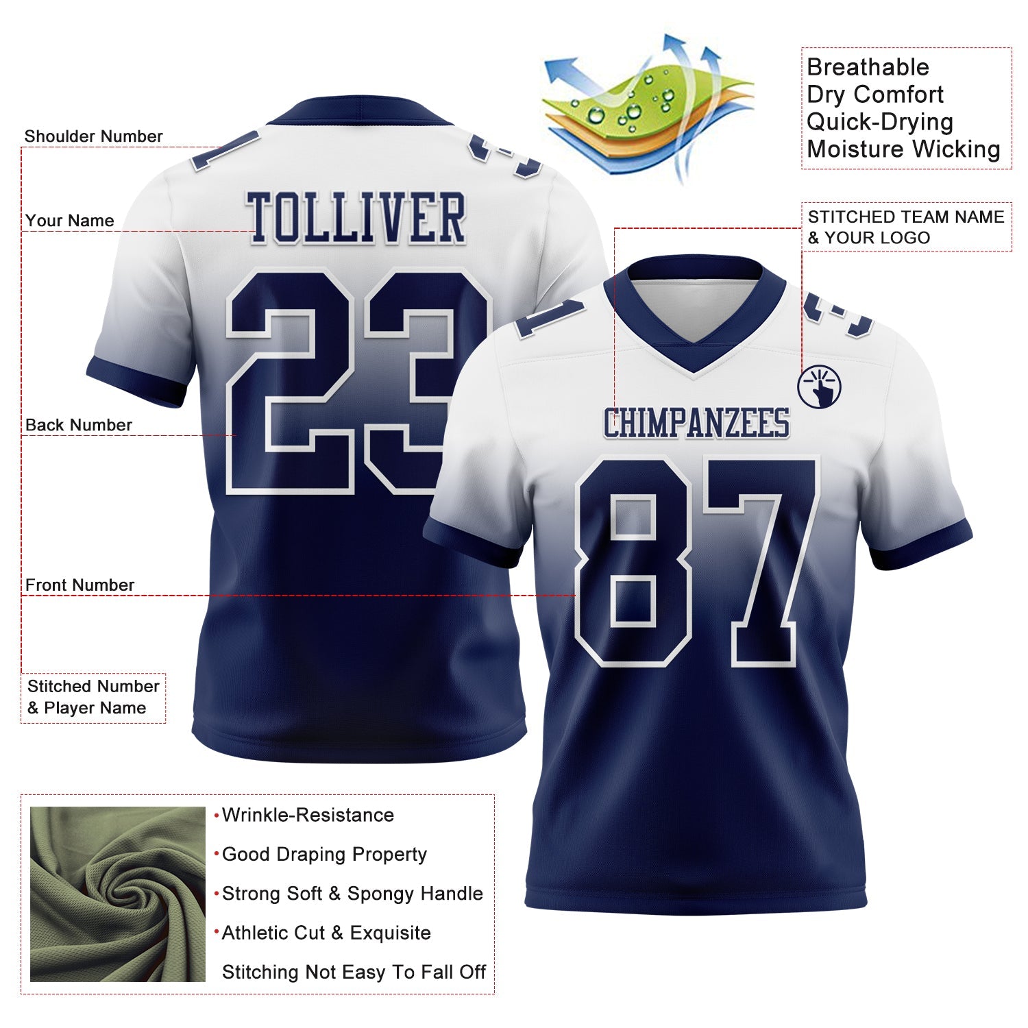 Custom White Navy Mesh Authentic Fade Fashion Football Jersey - Sky-Custom