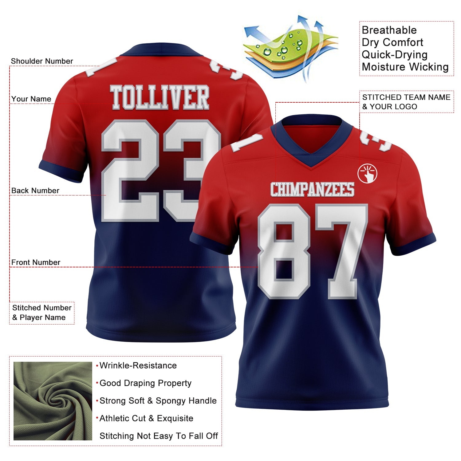Custom Red White Navy-Gray Mesh Authentic Fade Fashion Football Jersey - Sky-Custom
