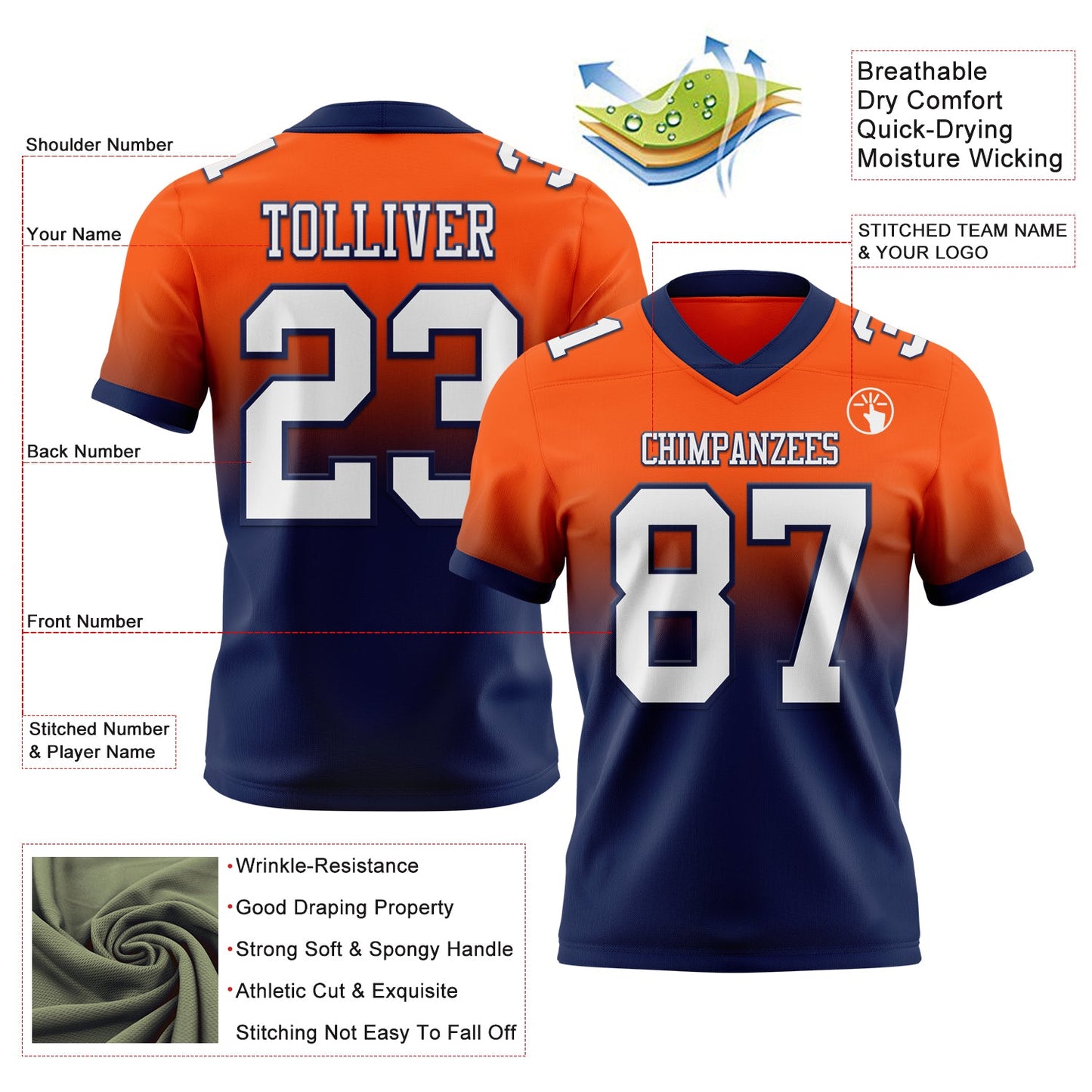 Custom Orange White-Navy Mesh Authentic Fade Fashion Football Jersey - Sky-Custom