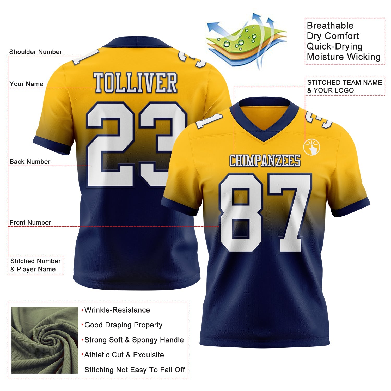 Custom Gold White-Navy Mesh Authentic Fade Fashion Football Jersey - Sky-Custom