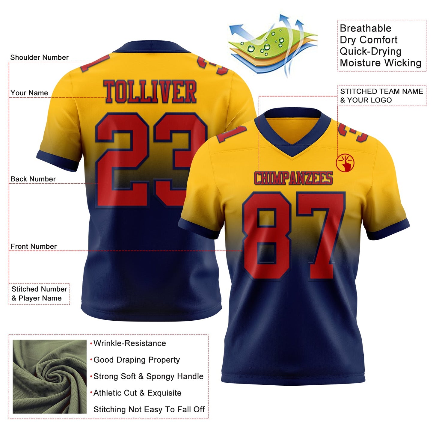 Custom Gold Red-Navy Mesh Authentic Fade Fashion Football Jersey - Sky-Custom