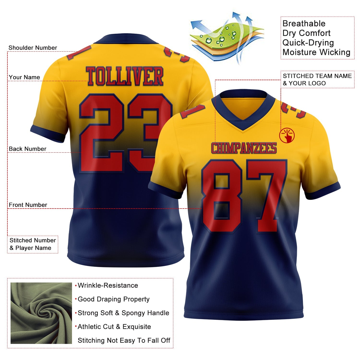 Custom Gold Red-Navy Mesh Authentic Fade Fashion Football Jersey - Sky-Custom