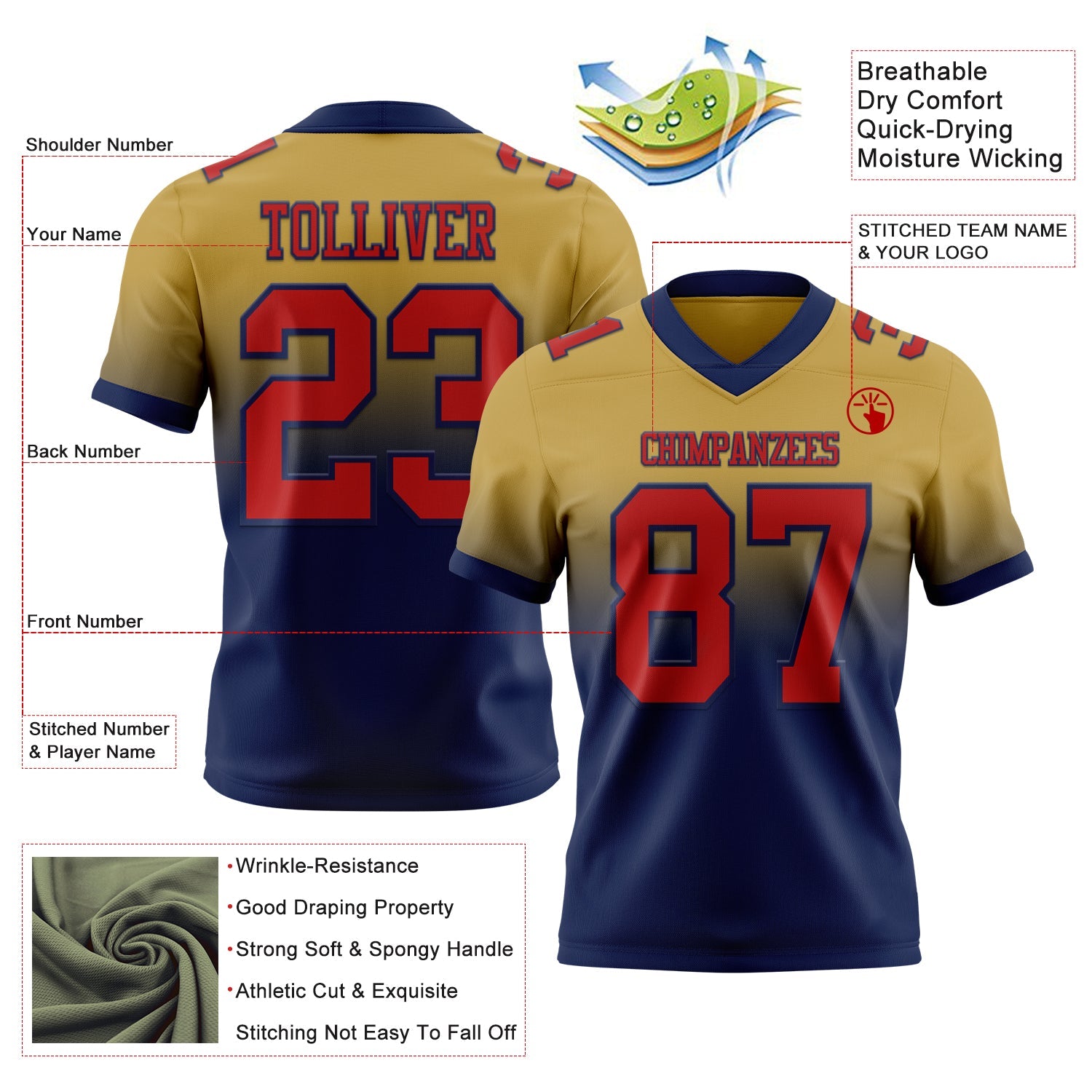Custom Old Gold Red-Navy Mesh Authentic Fade Fashion Football Jersey - Sky-Custom