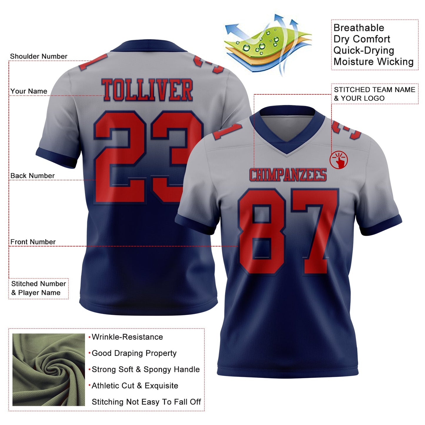 Custom Gray Red-Navy Mesh Authentic Fade Fashion Football Jersey - Sky-Custom