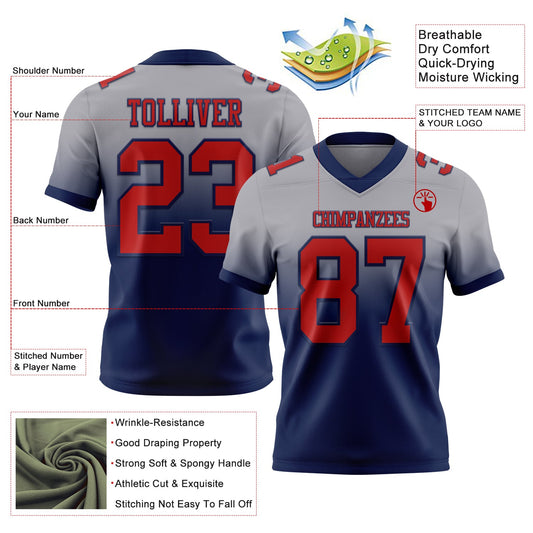 Custom Gray Red-Navy Mesh Authentic Fade Fashion Football Jersey - Sky-Custom