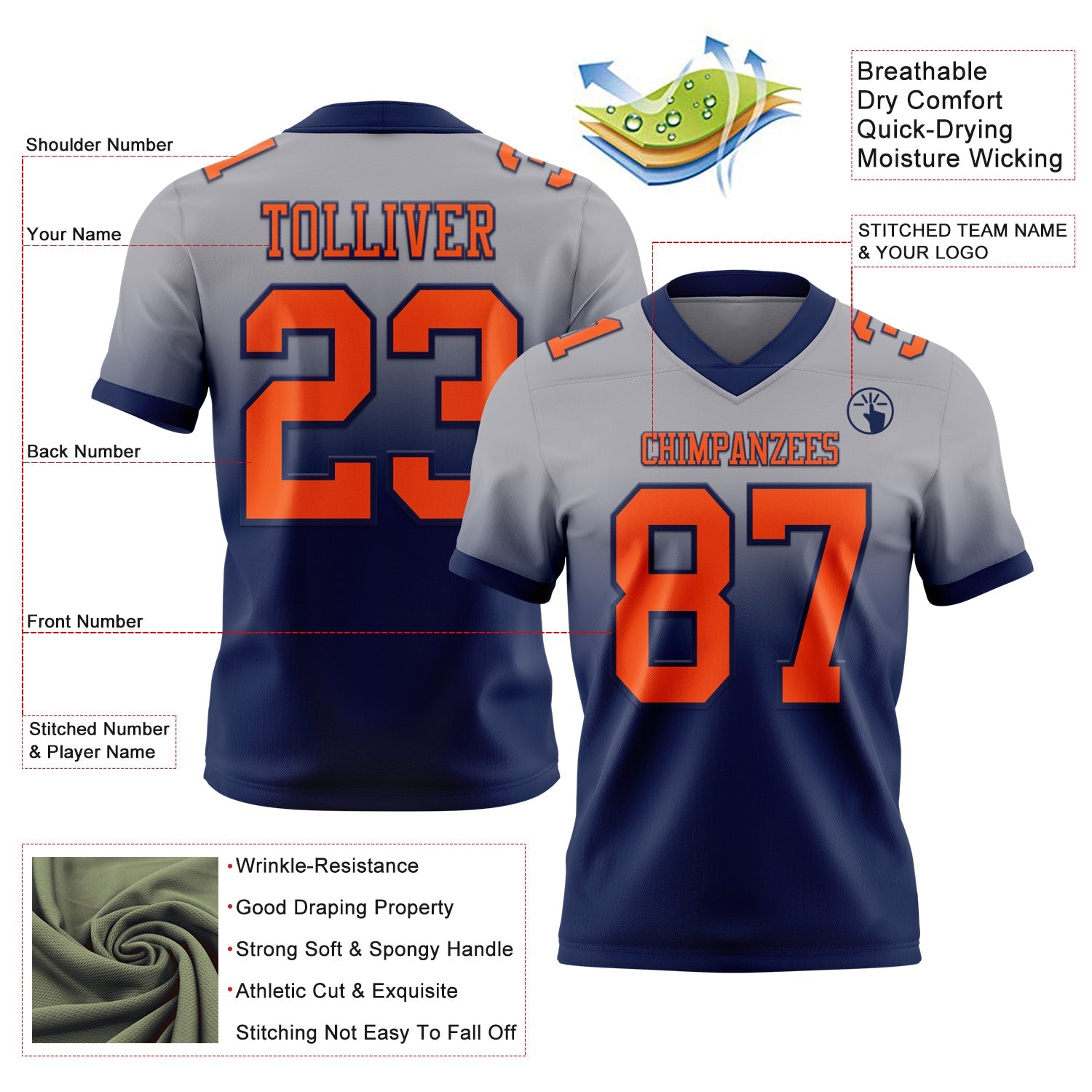 Custom Gray Orange-Navy Mesh Authentic Fade Fashion Football Jersey - Sky-Custom