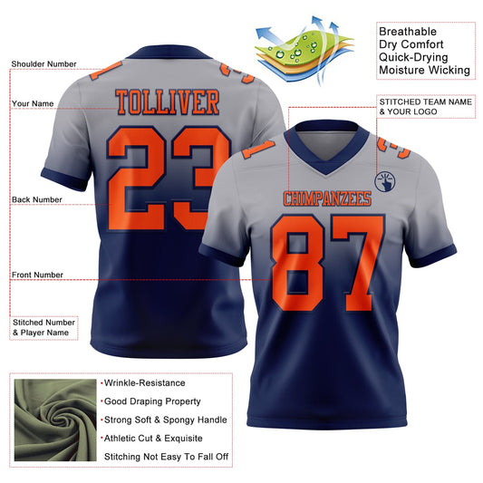 Custom Gray Orange-Navy Mesh Authentic Fade Fashion Football Jersey - Sky-Custom