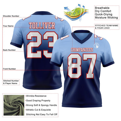 Custom Light Blue White Navy-Red Mesh Authentic Fade Fashion Football Jersey - Sky-Custom