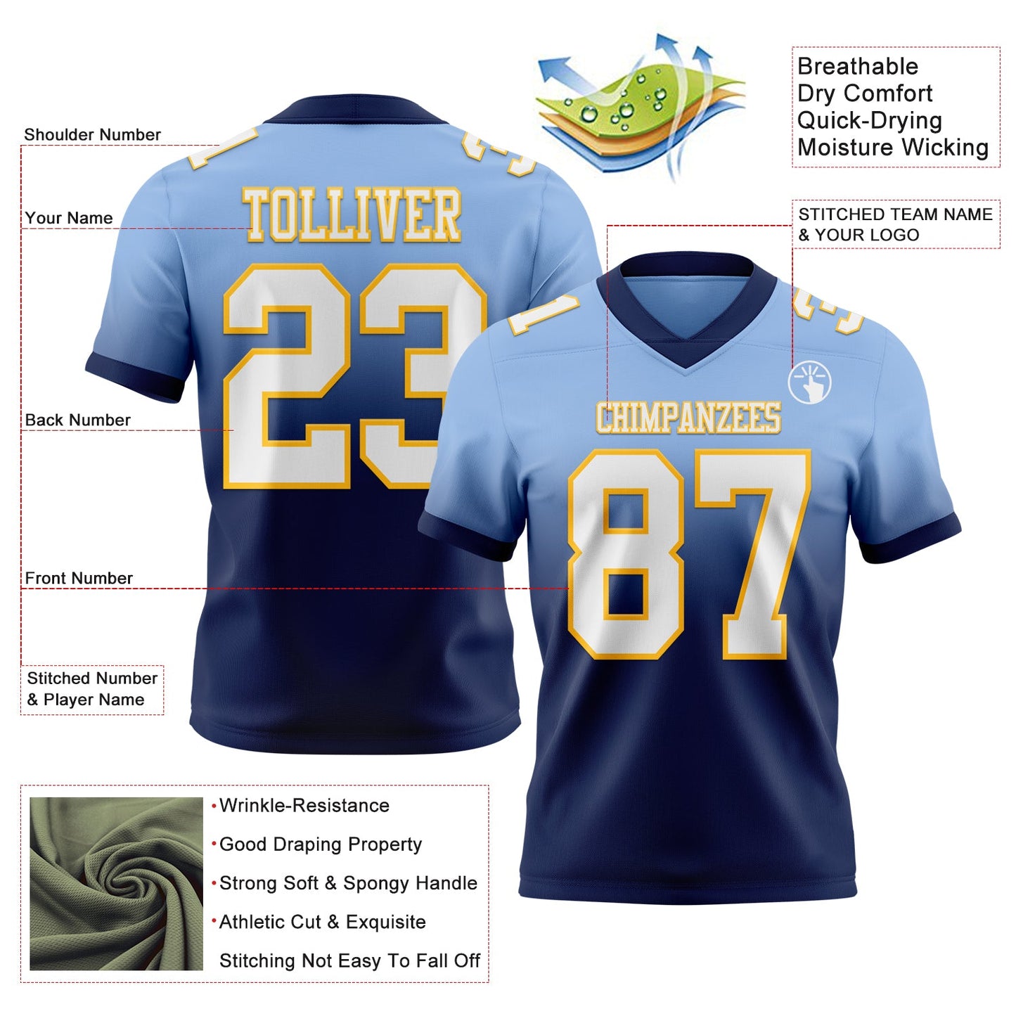 Custom Light Blue White Navy-Gold Mesh Authentic Fade Fashion Football Jersey - Sky-Custom