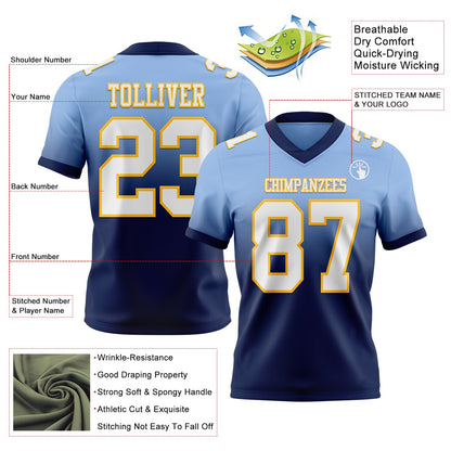 Custom Light Blue White Navy-Gold Mesh Authentic Fade Fashion Football Jersey - Sky-Custom