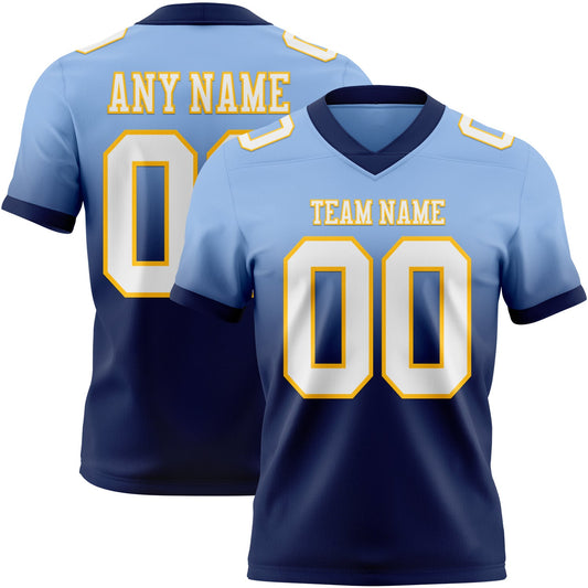Custom Light Blue White Navy-Gold Mesh Authentic Fade Fashion Football Jersey - Sky-Custom