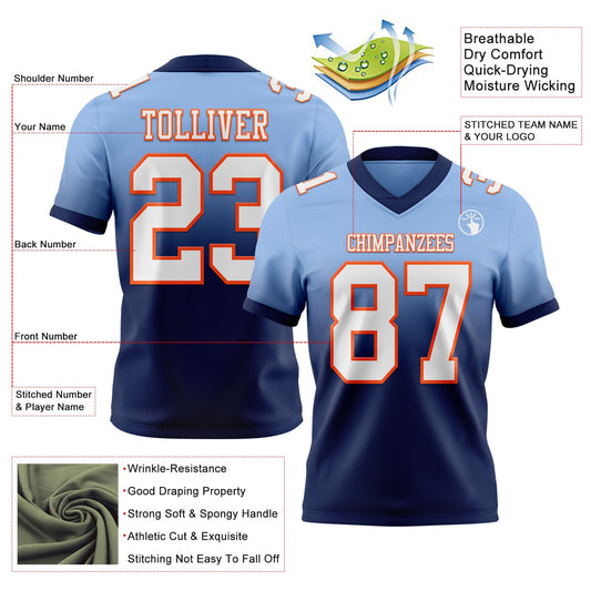 Custom Light Blue White Navy-Orange Mesh Authentic Fade Fashion Football Jersey - Sky-Custom