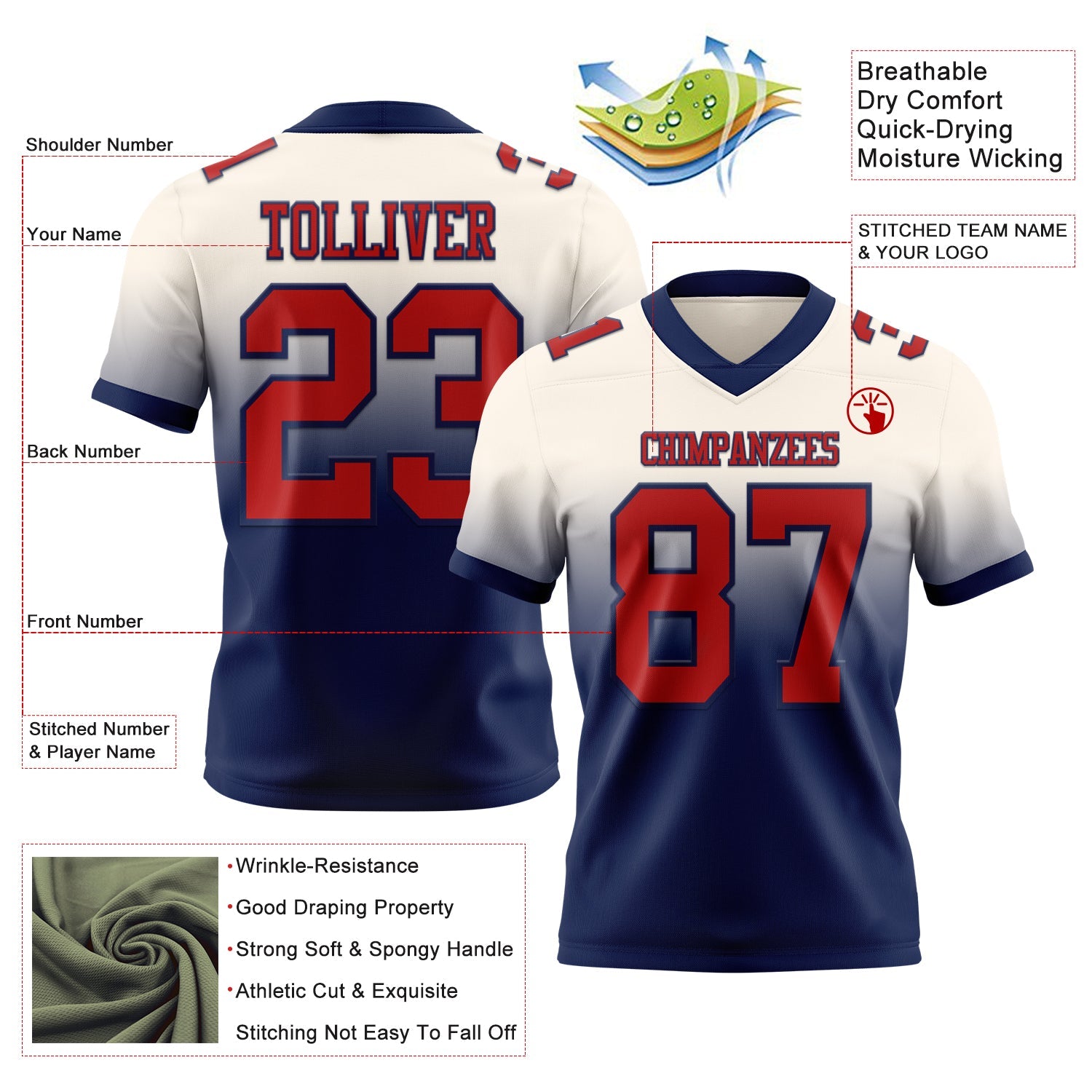 Custom Cream Red-Navy Mesh Authentic Fade Fashion Football Jersey - Sky-Custom