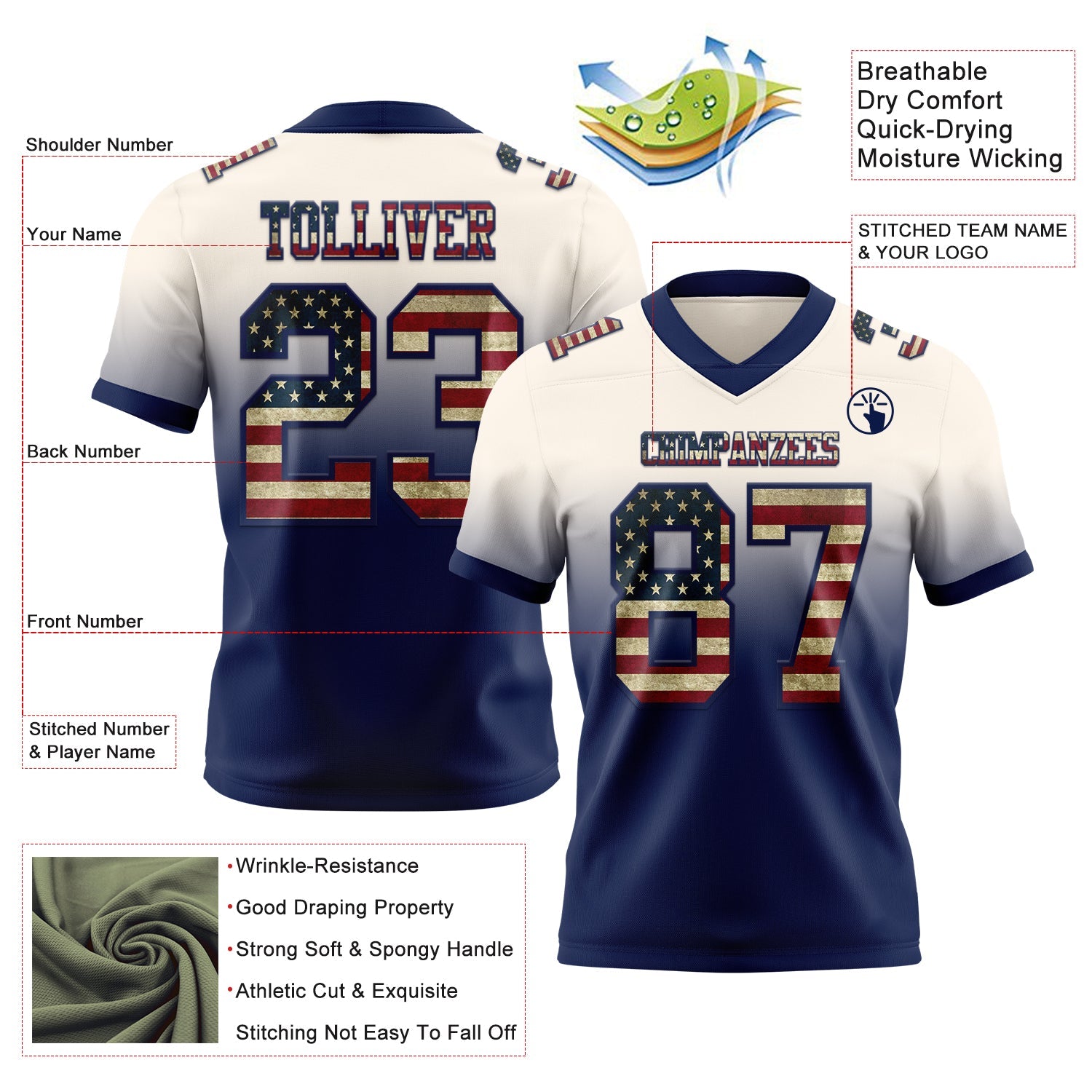 Custom Cream Vintage USA Flag-Navy Mesh Authentic Fade Fashion Football Jersey - Sky-Custom