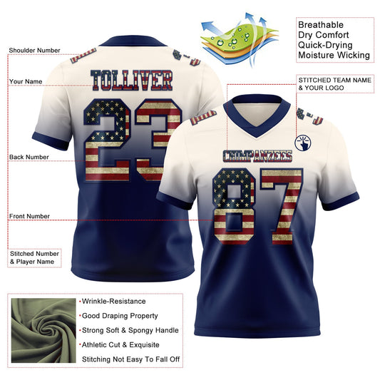 Custom Cream Vintage USA Flag-Navy Mesh Authentic Fade Fashion Football Jersey - Sky-Custom