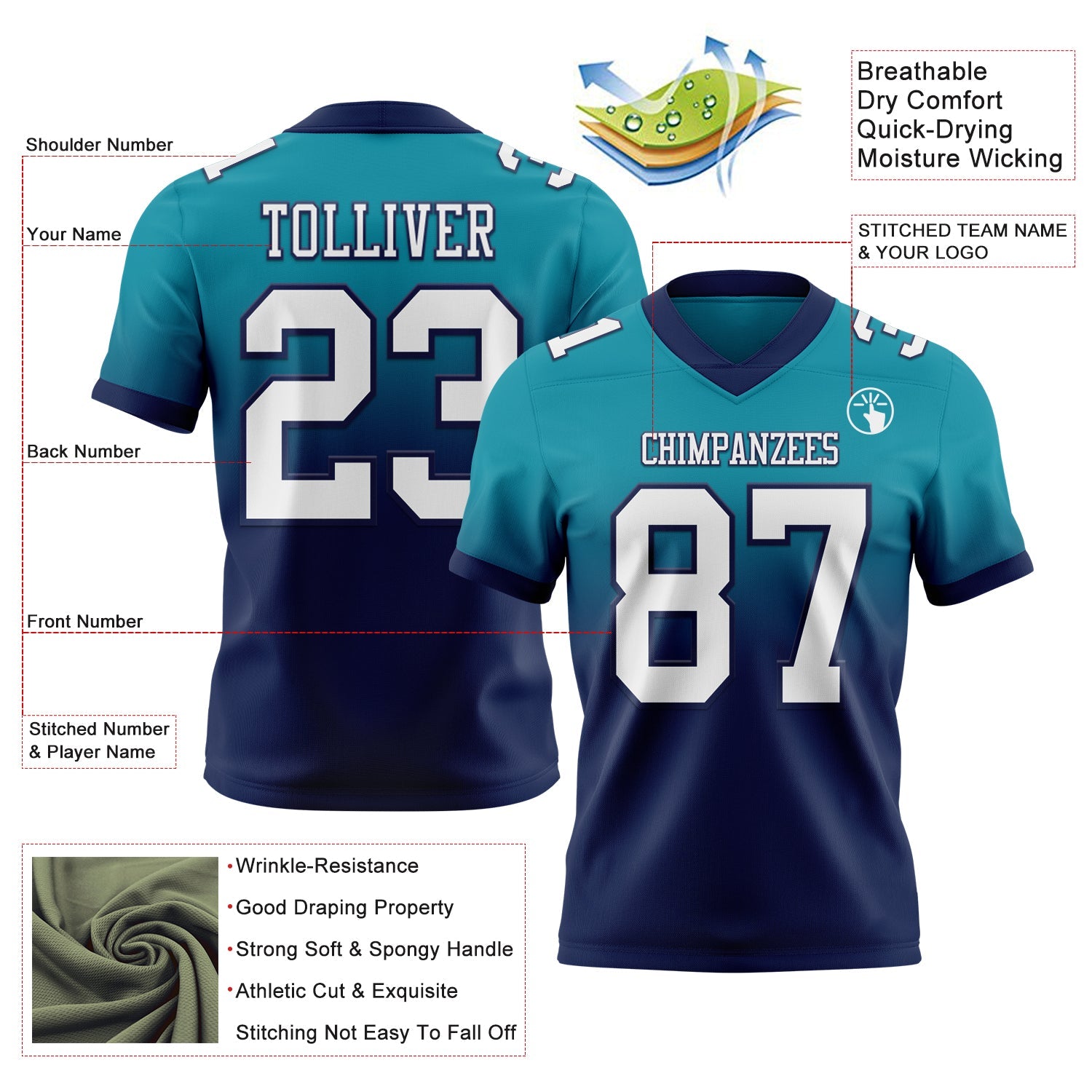 Custom Teal White-Navy Mesh Authentic Fade Fashion Football Jersey - Sky-Custom