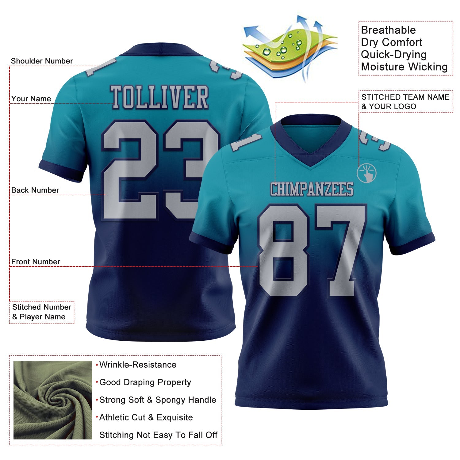 Custom Teal Gray-Navy Mesh Authentic Fade Fashion Football Jersey - Sky-Custom