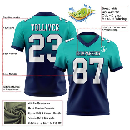 Custom Aqua White-Navy Mesh Authentic Fade Fashion Football Jersey - Sky-Custom
