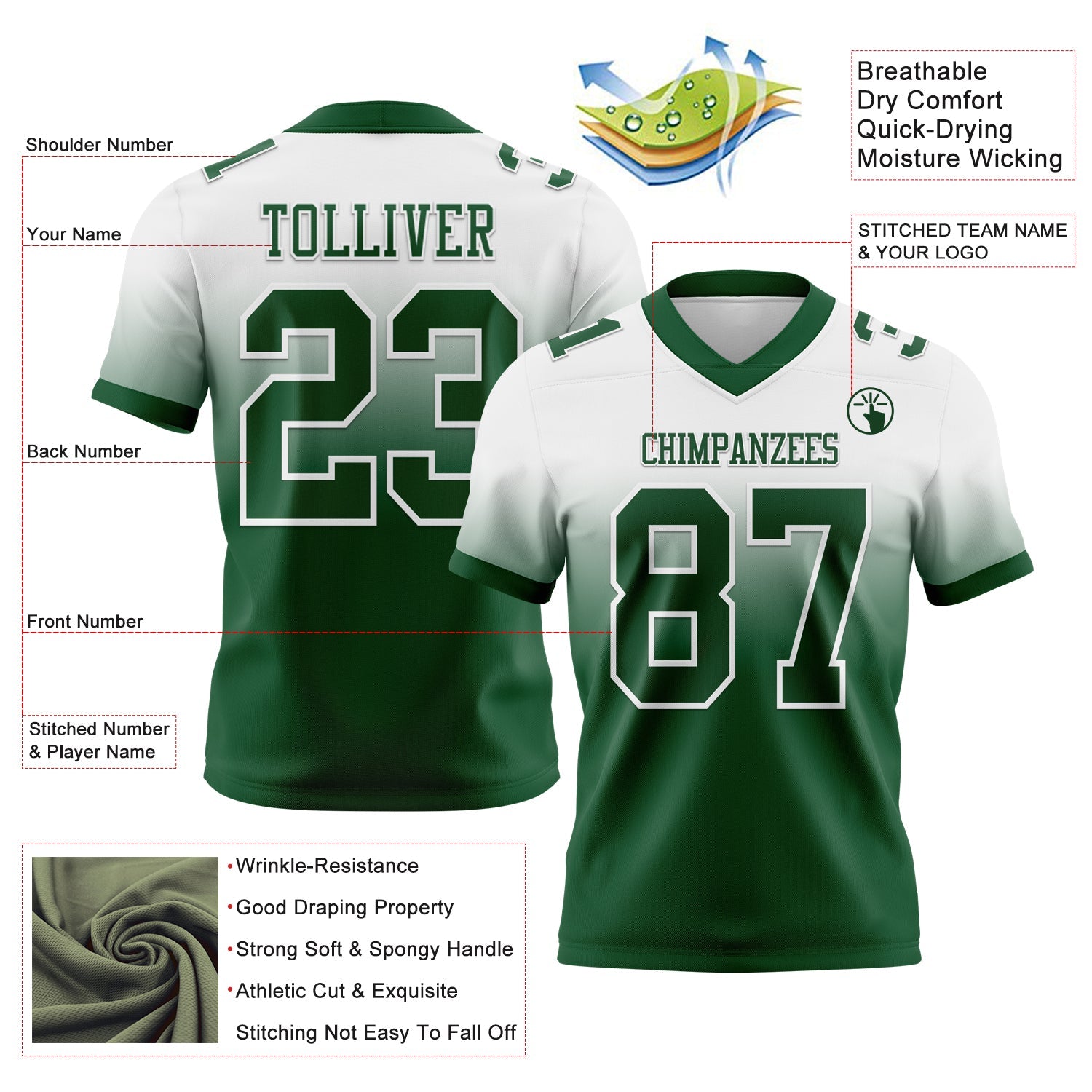 Custom White Green Mesh Authentic Fade Fashion Football Jersey - Sky-Custom