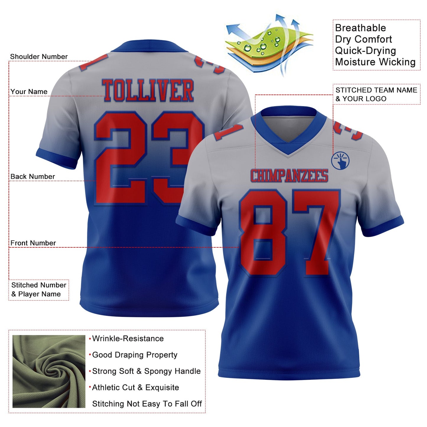 Custom Gray Red-Royal Mesh Authentic Fade Fashion Football Jersey - Sky-Custom