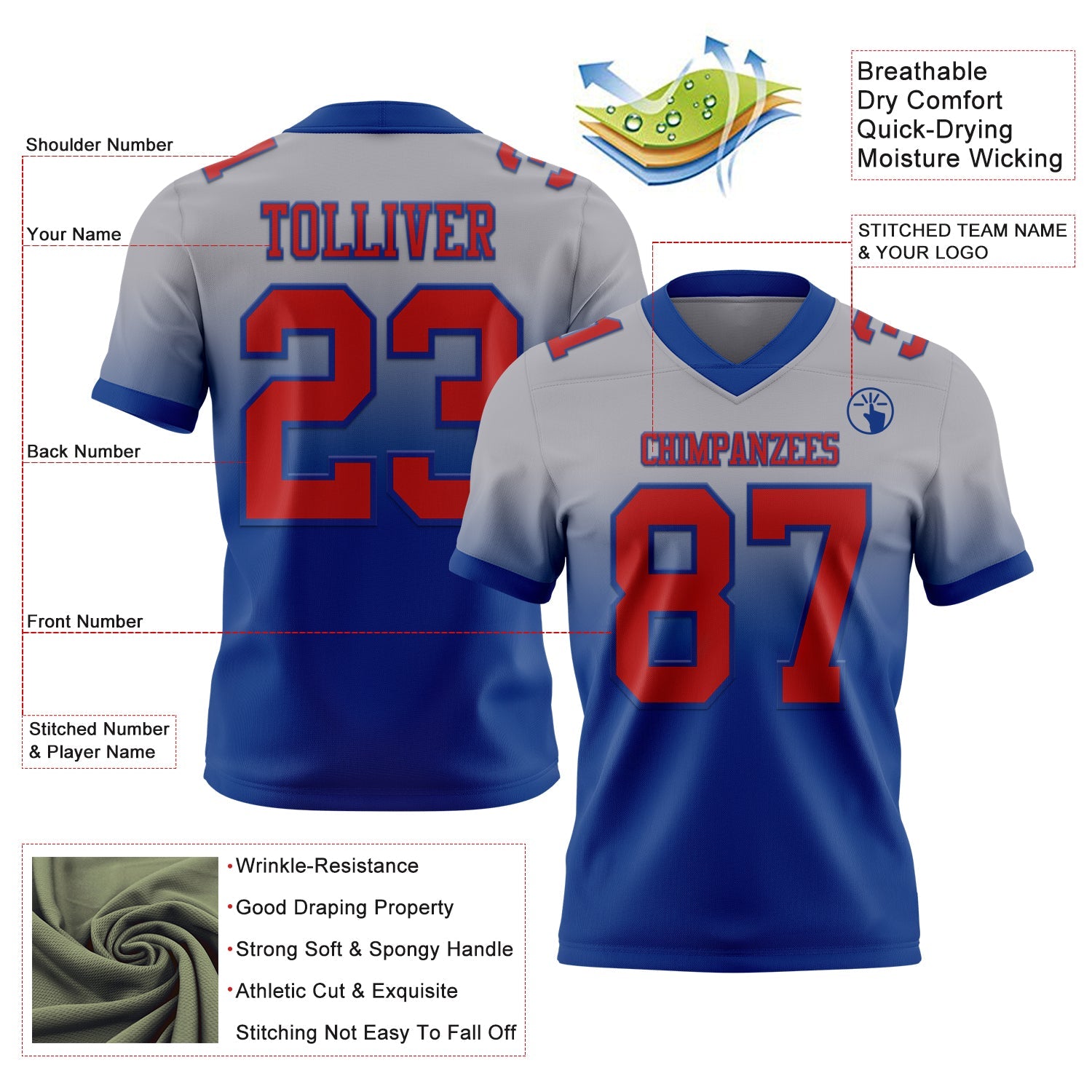Custom Gray Red-Royal Mesh Authentic Fade Fashion Football Jersey - Sky-Custom