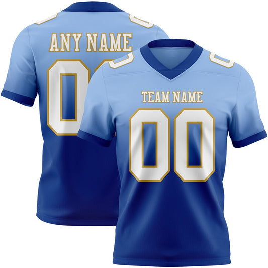 Custom Light Blue White Royal-Old Gold Mesh Authentic Fade Fashion Football Jersey - Sky-Custom
