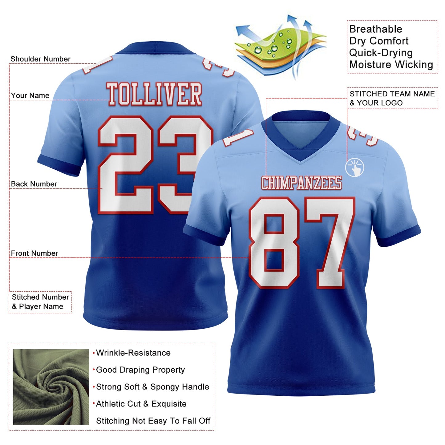 Custom Light Blue White Royal-Red Mesh Authentic Fade Fashion Football Jersey - Sky-Custom