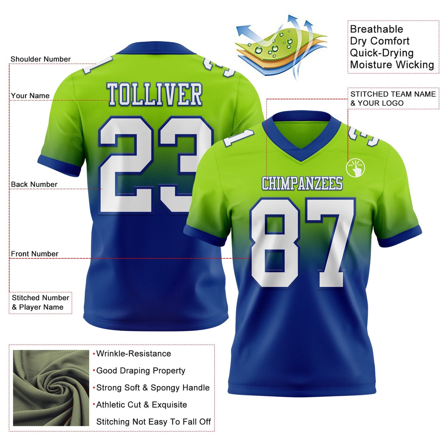 Custom Neon Green White-Royal Mesh Authentic Fade Fashion Football Jersey - Sky-Custom