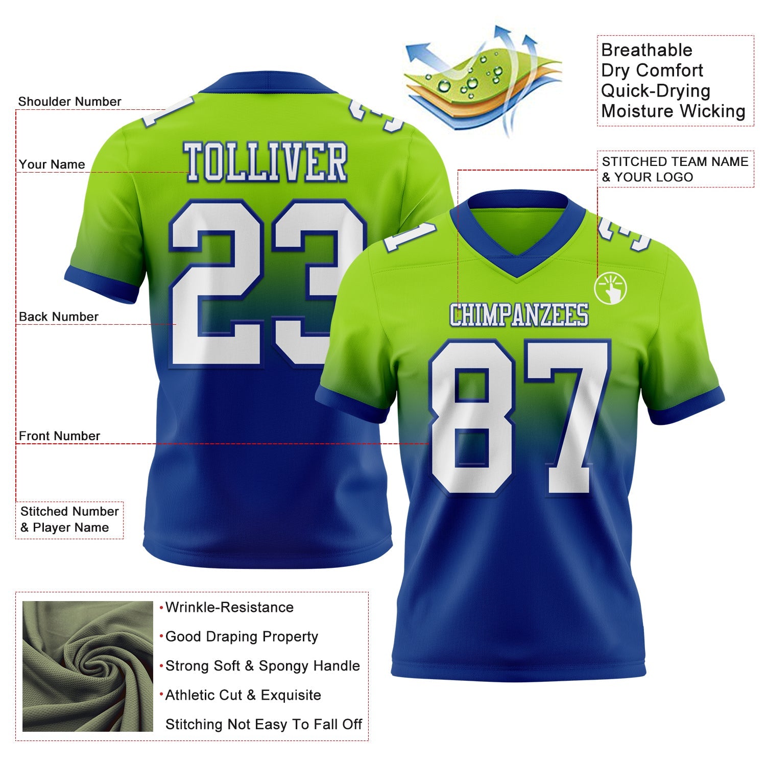 Custom Neon Green White-Royal Mesh Authentic Fade Fashion Football Jersey - Sky-Custom