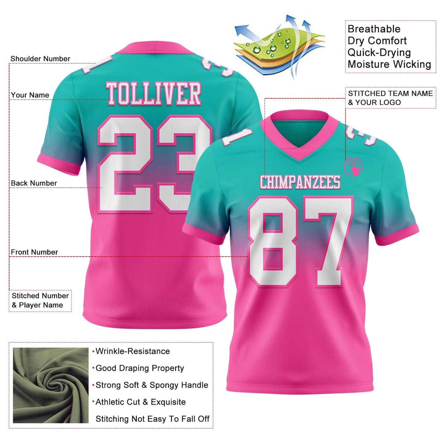 Custom Aqua White-Pink Mesh Authentic Fade Fashion Football Jersey - Sky-Custom