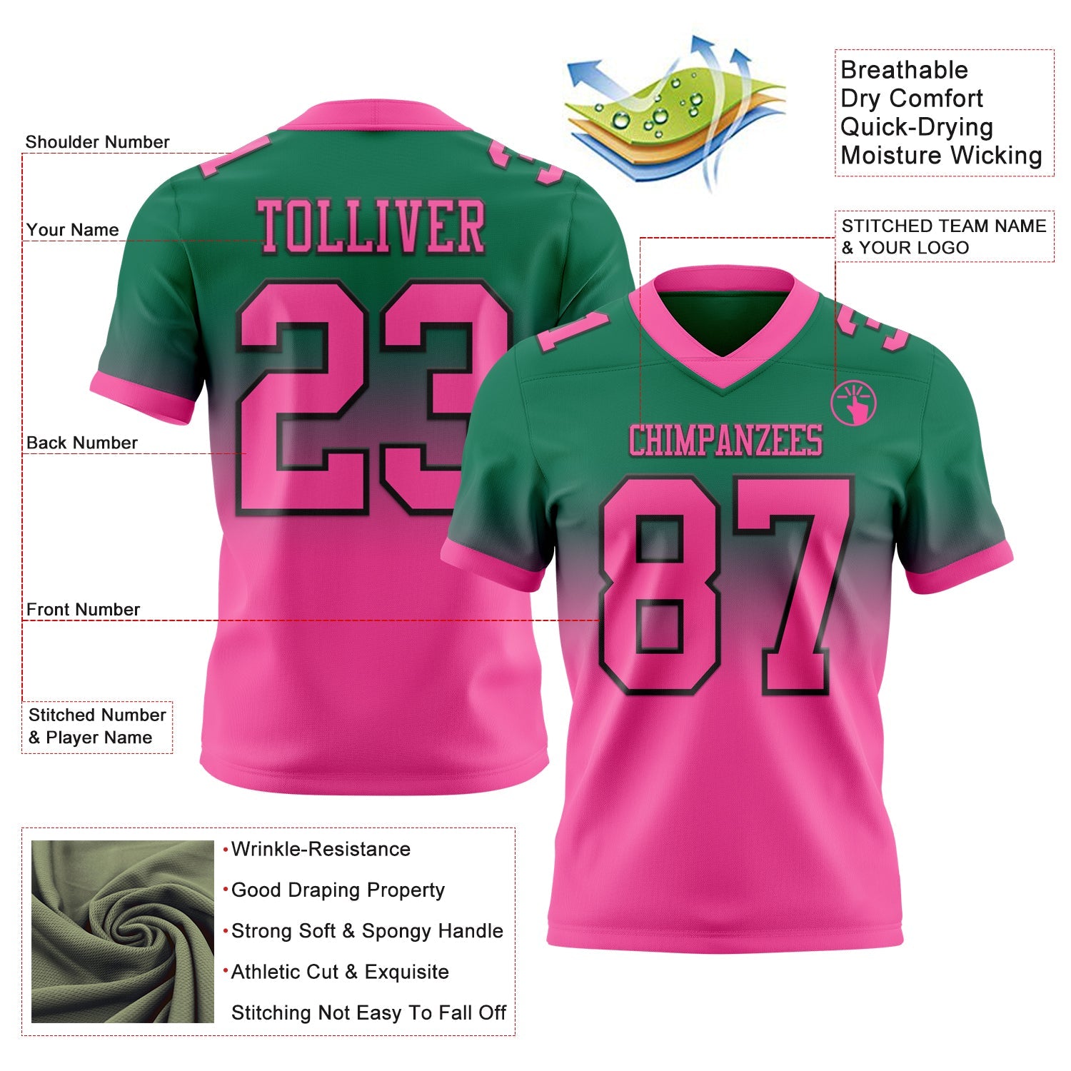 Custom Kelly Green Pink-Black Mesh Authentic Fade Fashion Football Jersey - Sky-Custom