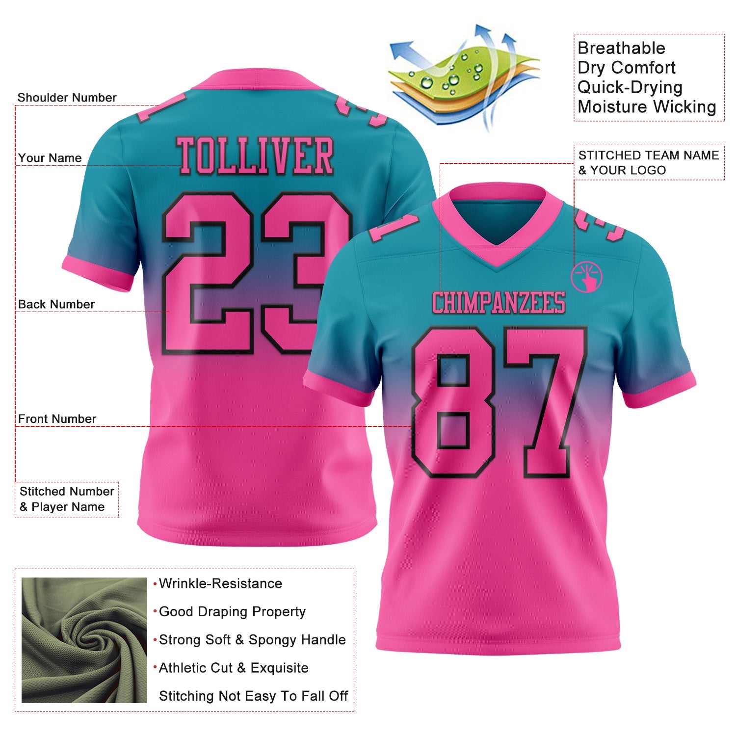Custom Teal Pink-Black Mesh Authentic Fade Fashion Football Jersey - Sky-Custom